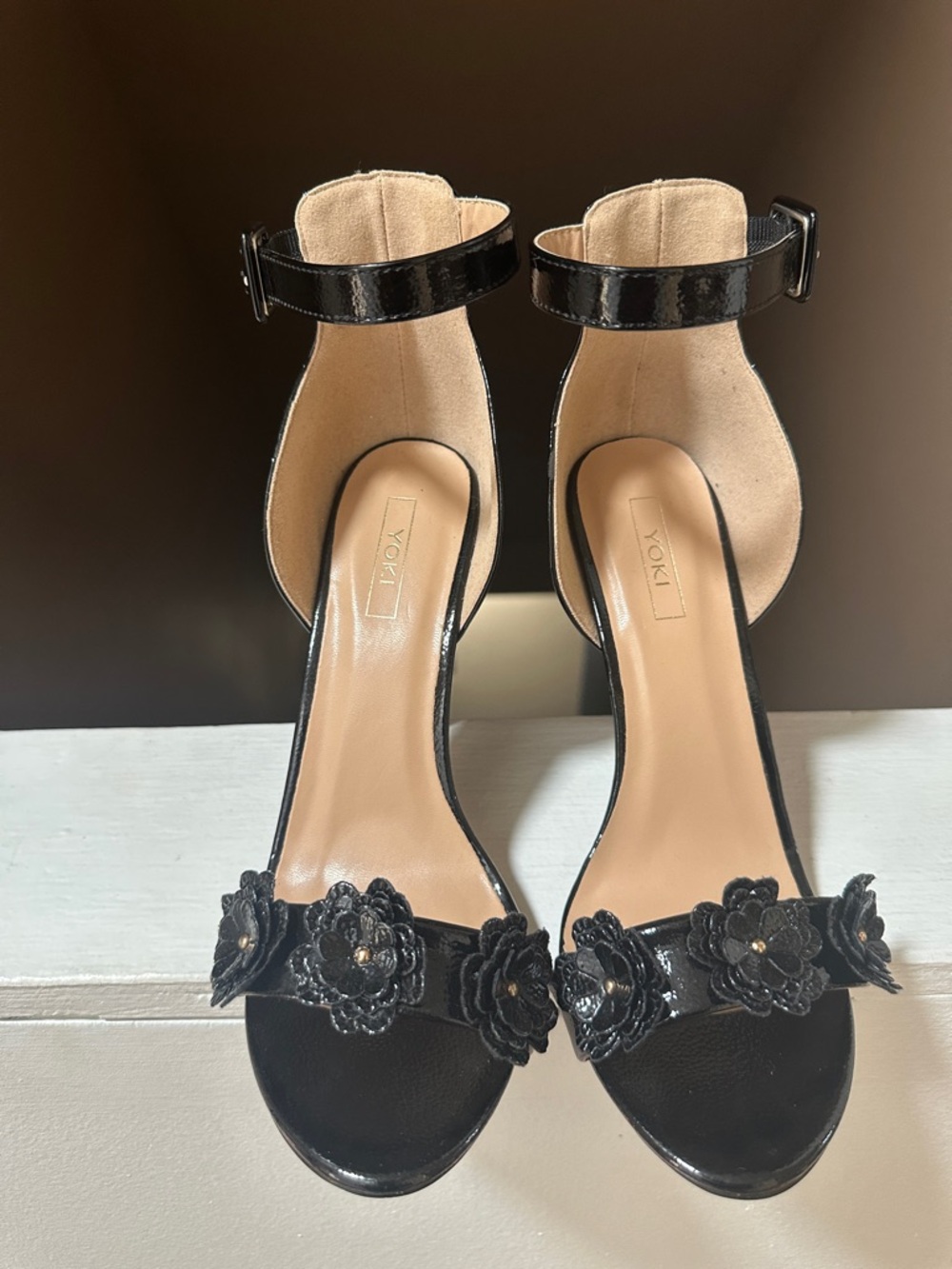 Black Patent Floral Ankle-Strap Heeled Sandals